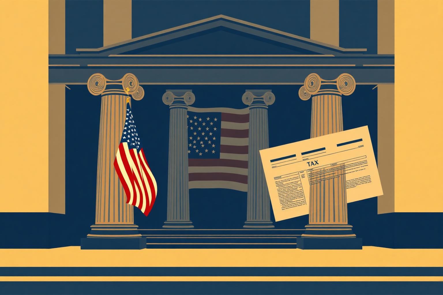 Illustration of courthouse columns with American flag and tax documents